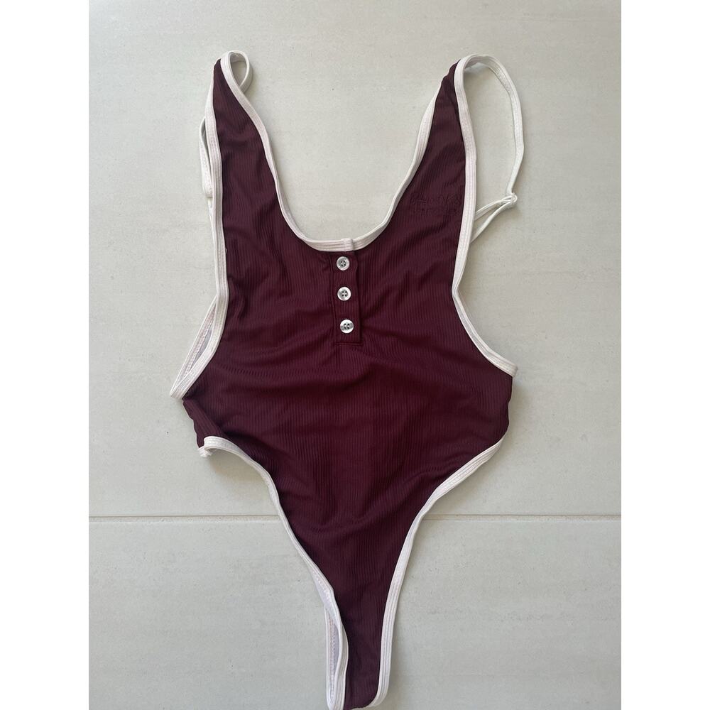 Chooks Swim One Piece Retro Henley Swimsuit Plunge Summer Beach Pool